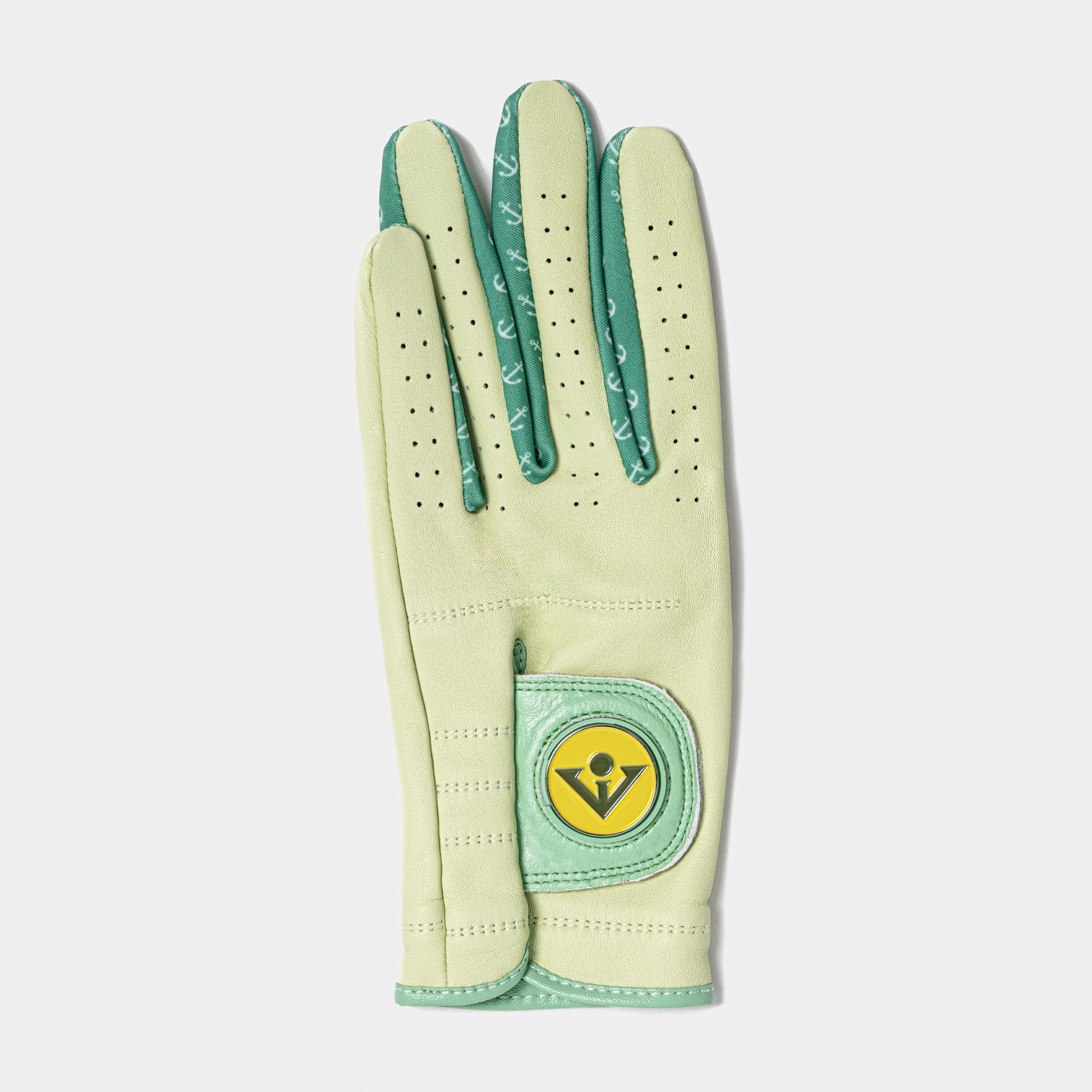 Light green golf glove with a logo on a white background