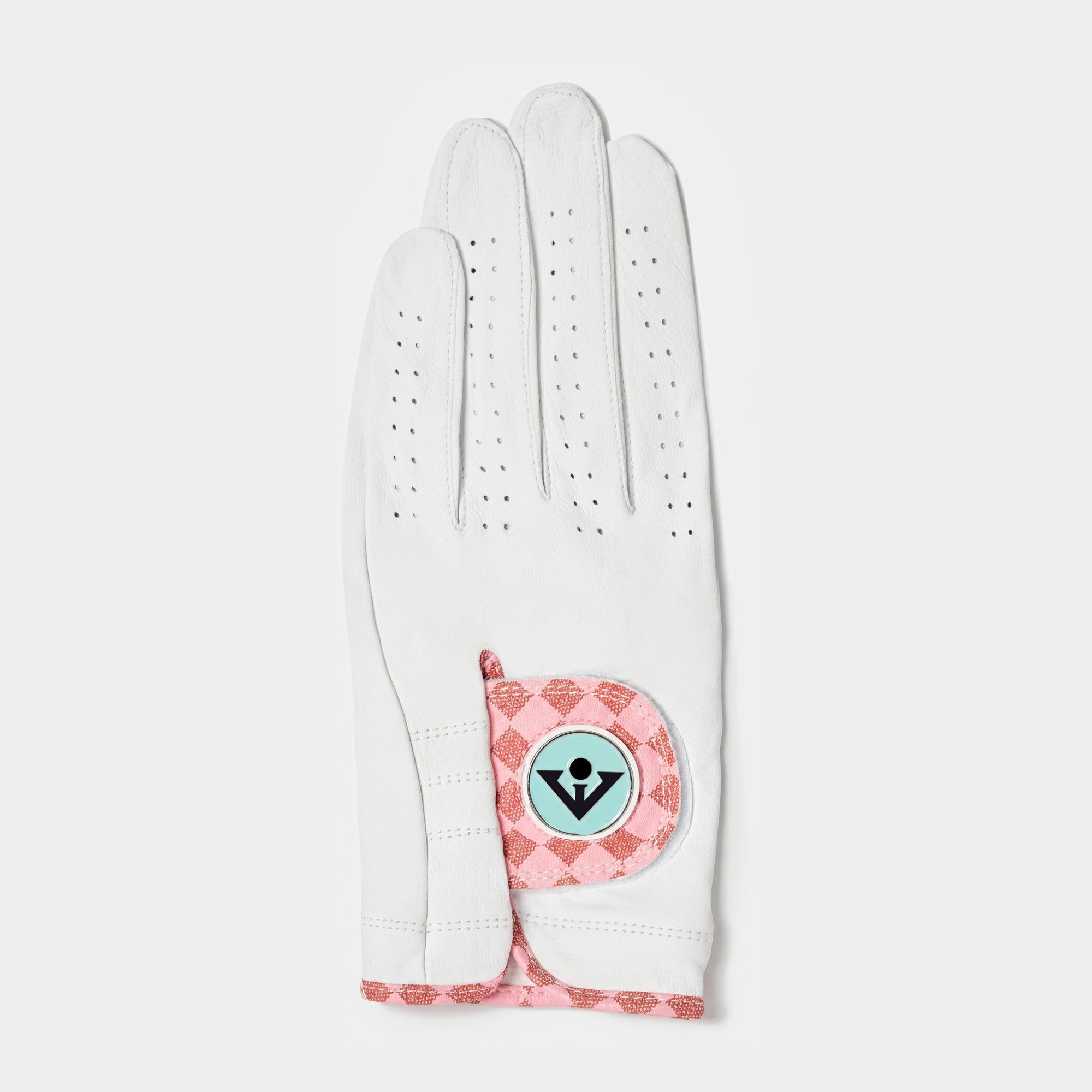 White golf glove with a pink and red checkered pattern on a light gray background
