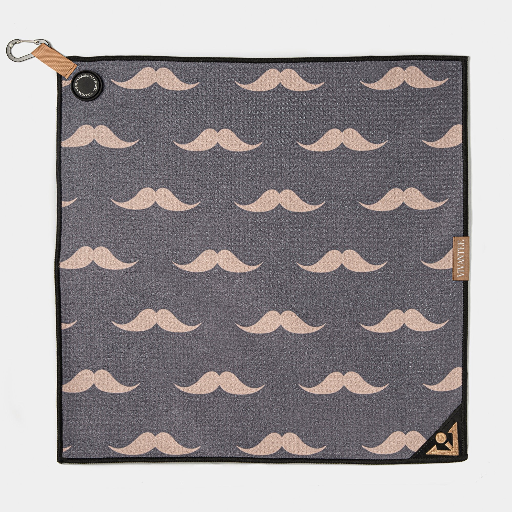 Gray magnetic golf towel with beige mustache pattern and a leather strap on a white background