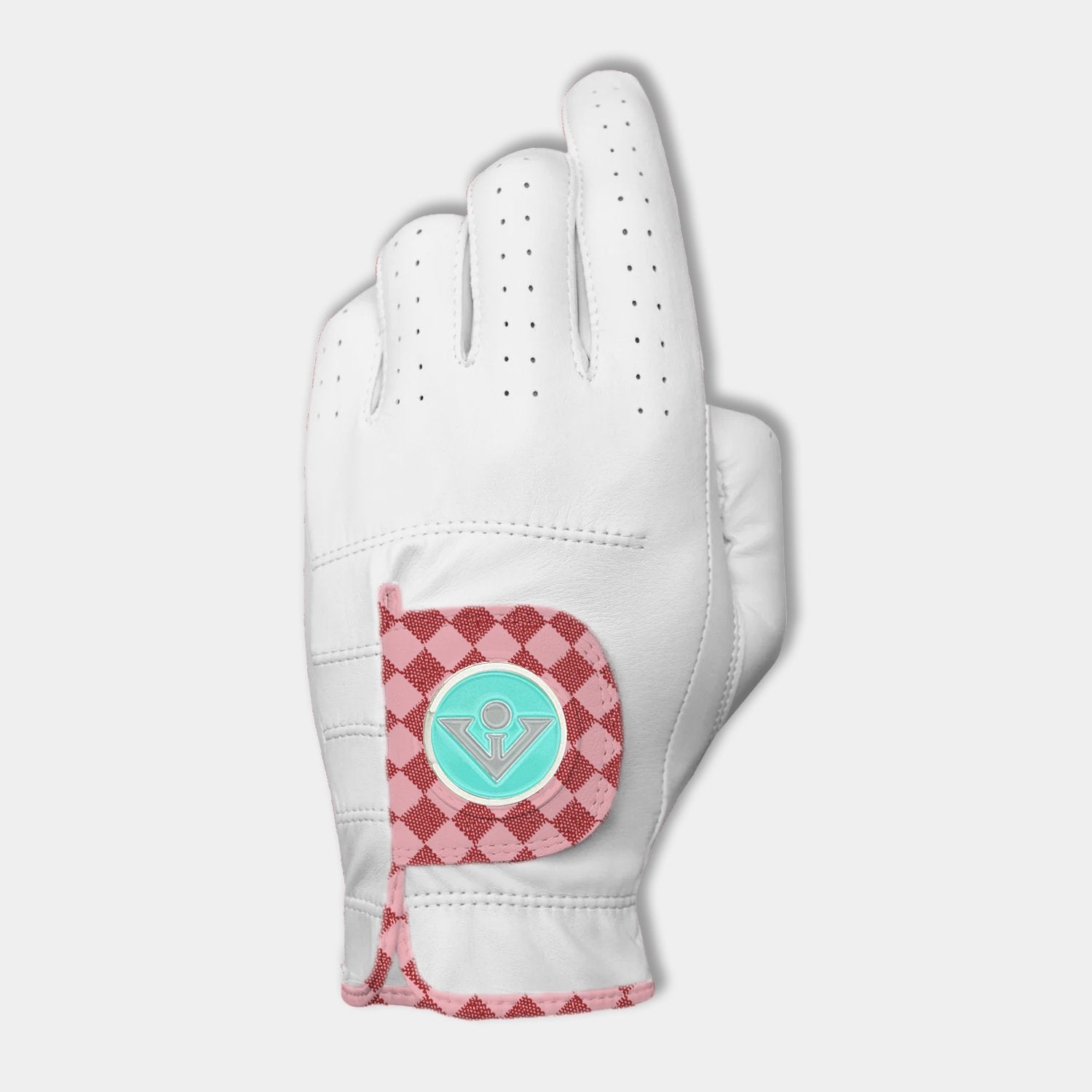 Women's pink Golf glove with checkered pull tab, designer golf gloves for women.