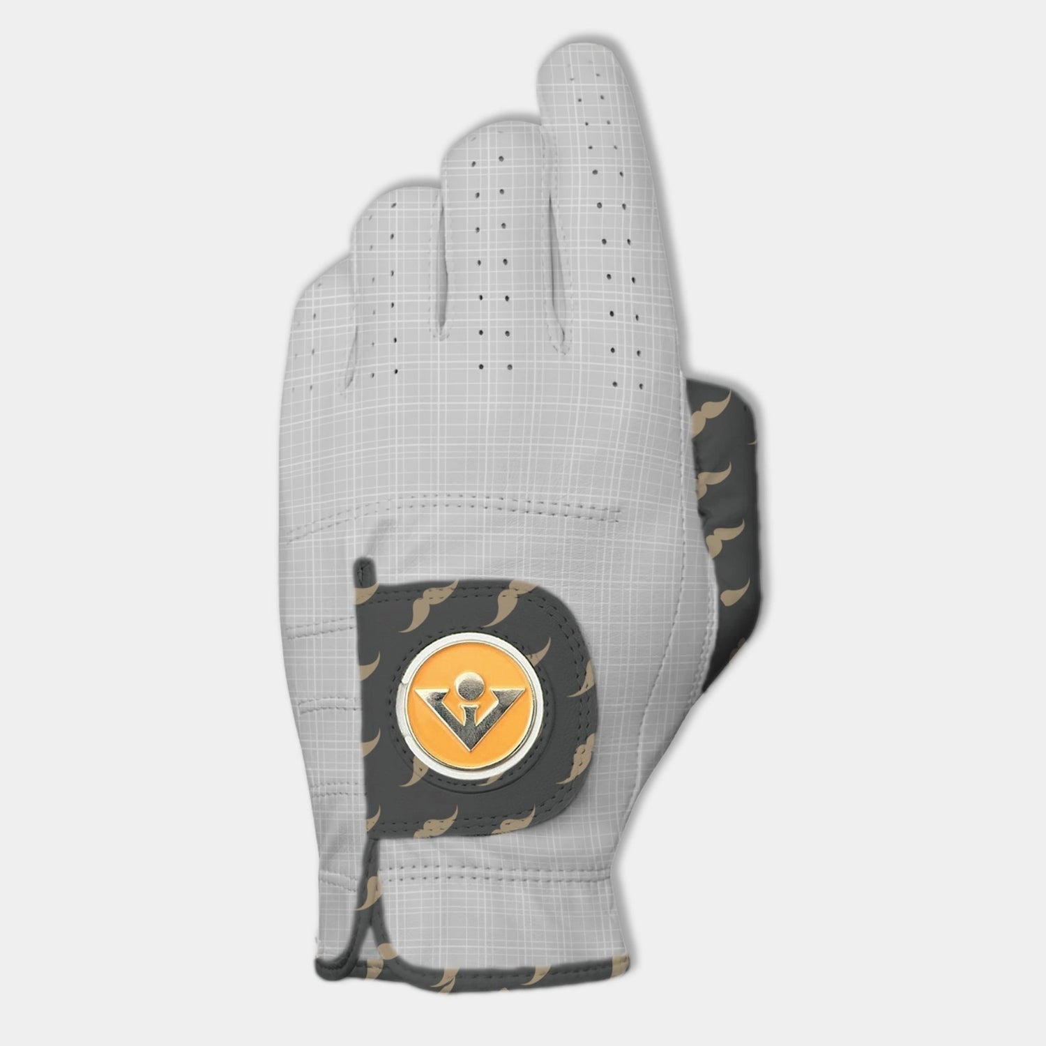 Women's Wooly Burg Golf glove with charcoal and light grey, and mustache plaid pattern, designer golf gloves for women with "Preorder" in top left corner.