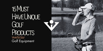 A golfer holding his range finder and looking through to gauge distance in black and white  in VivanTee's signature blog banner with title next to man 