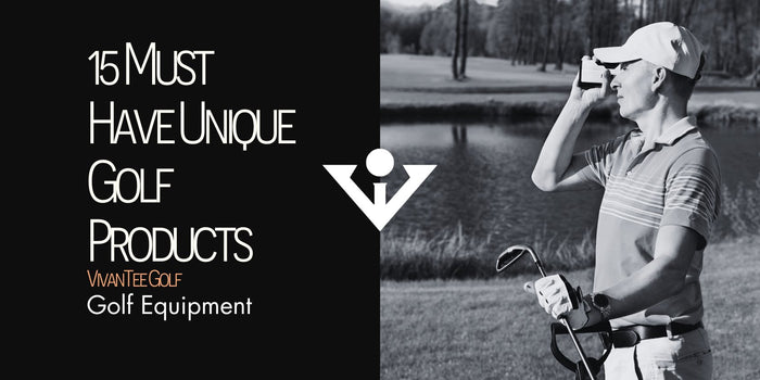 A golfer holding his range finder and looking through to gauge distance in black and white  in VivanTee's signature blog banner with title next to man 
