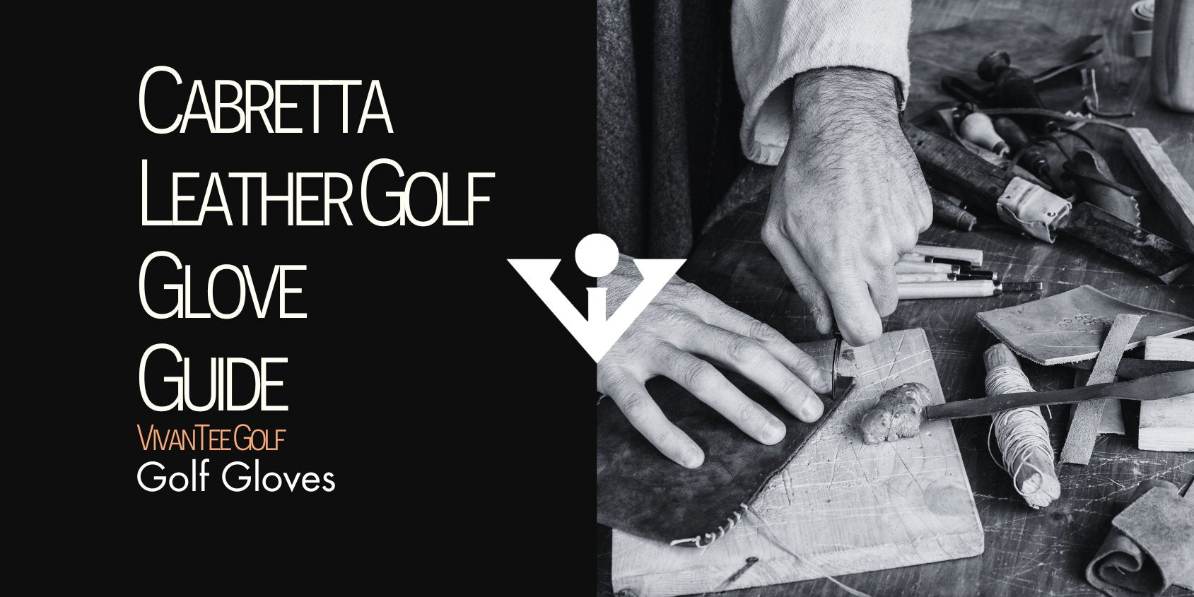 Image of a workshop with leather on a table, in our signature blog banner format for our cabretta leather golf glove article.