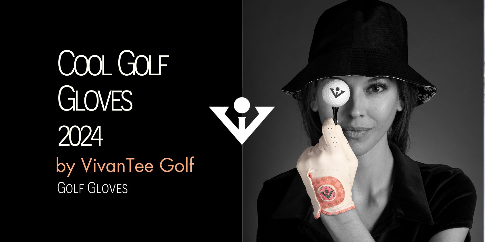 An image of 4 golf gloves varying in styles in our signature blog banner with article name on the left "4 cool golf gloves in 2024".