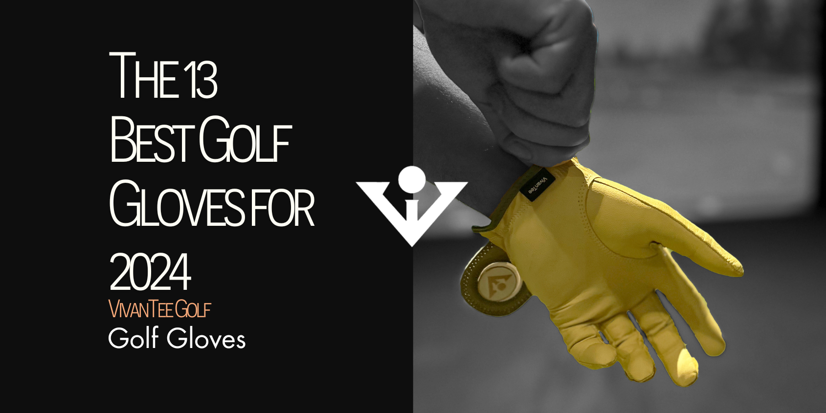 A yellow golf glove being put on with a black and white background showcasing the vibrant colors, in our signature blog banner for best golf gloves in 2024.