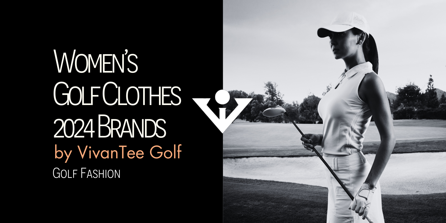 A fashionable women's golfer holding a golf club in our signature blog banner style, highlight our women's golf clothes brands in 2024