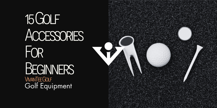 Image of a golf ball, tee, and divot repair, in VivanTee's signature blog banner titled 15 golf accessories for beginners
