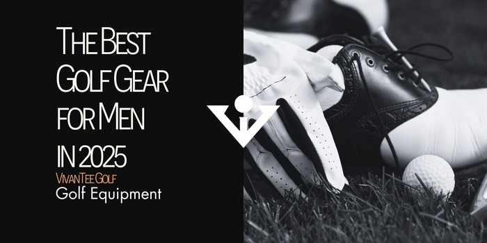 Golf gear for men up close showing a golf glove, shoe, and a golf ball in VivanTee's signature blog banner.