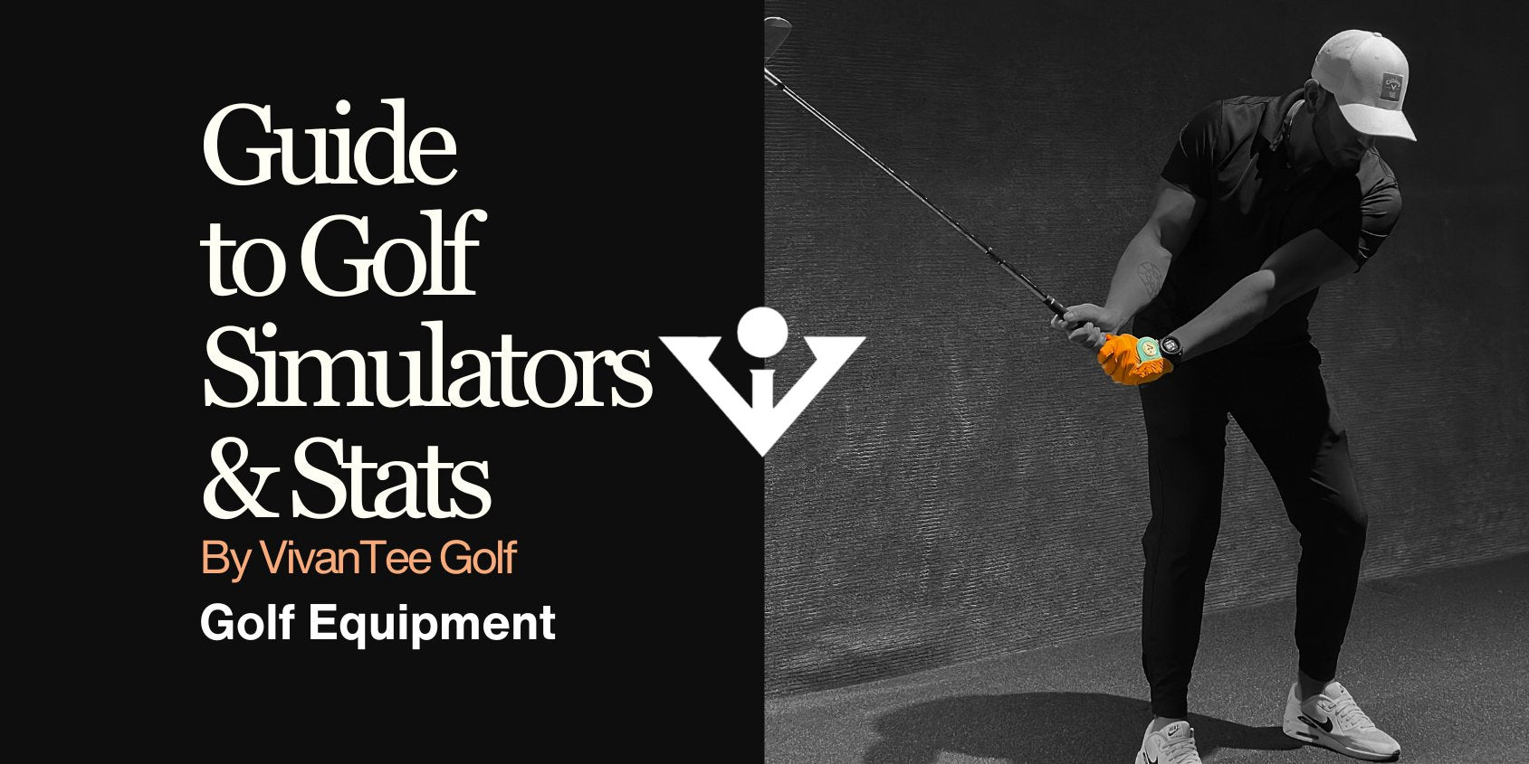 Banner for our comprehensive guide to golf simulators, image of a golfer in a simulator swinging with a VivanTee Designer Golf Glove.