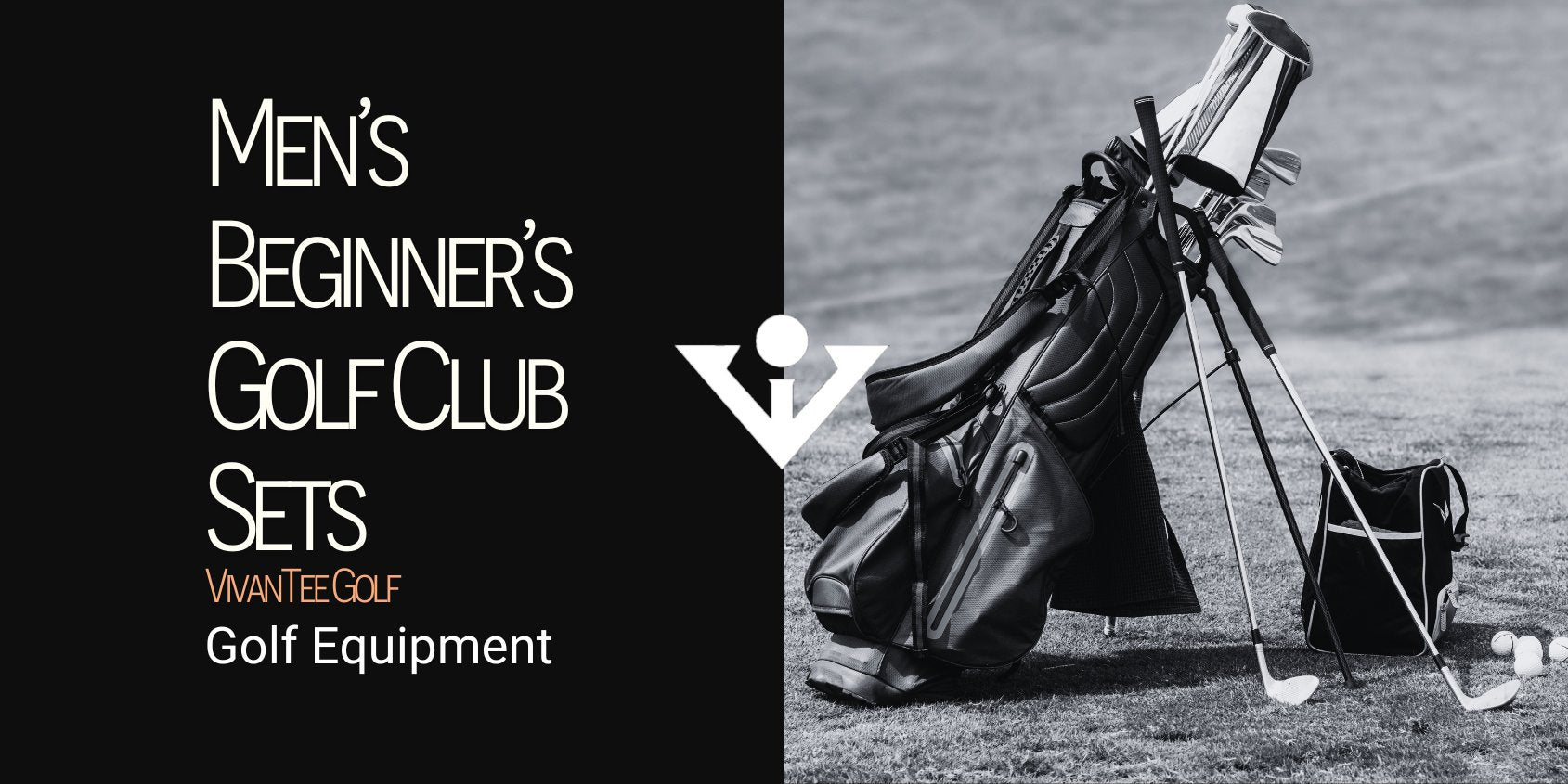 Image of golf bag, golf clubs and balls in black and white in our signature banner for articles for Men's Beginner's Golf Club Set 
