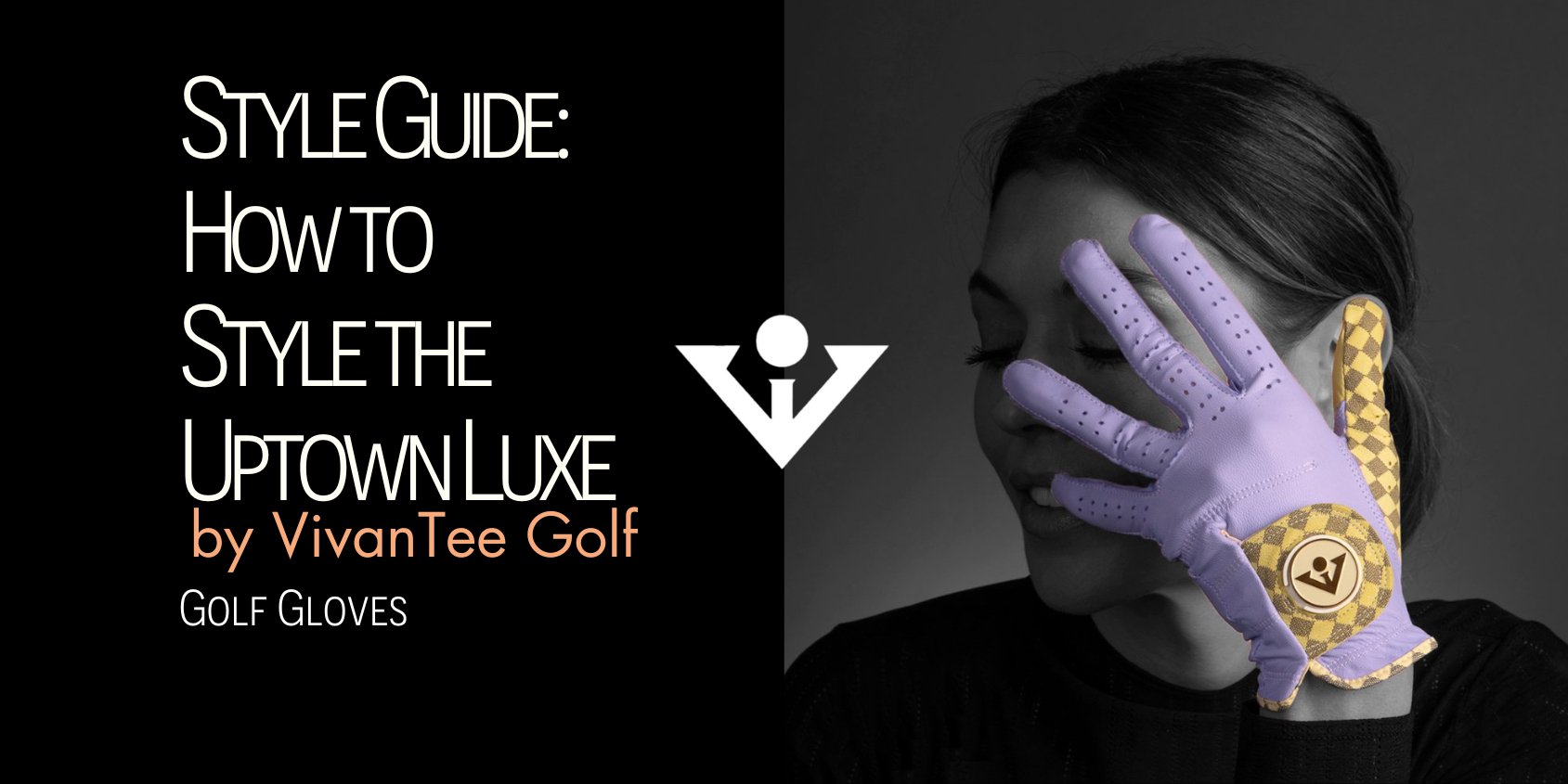 Woman holding purple golf glove up to her face and posing with VivanTee's signature blog banner.