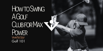 Golfer mid backswing in black and white with title 