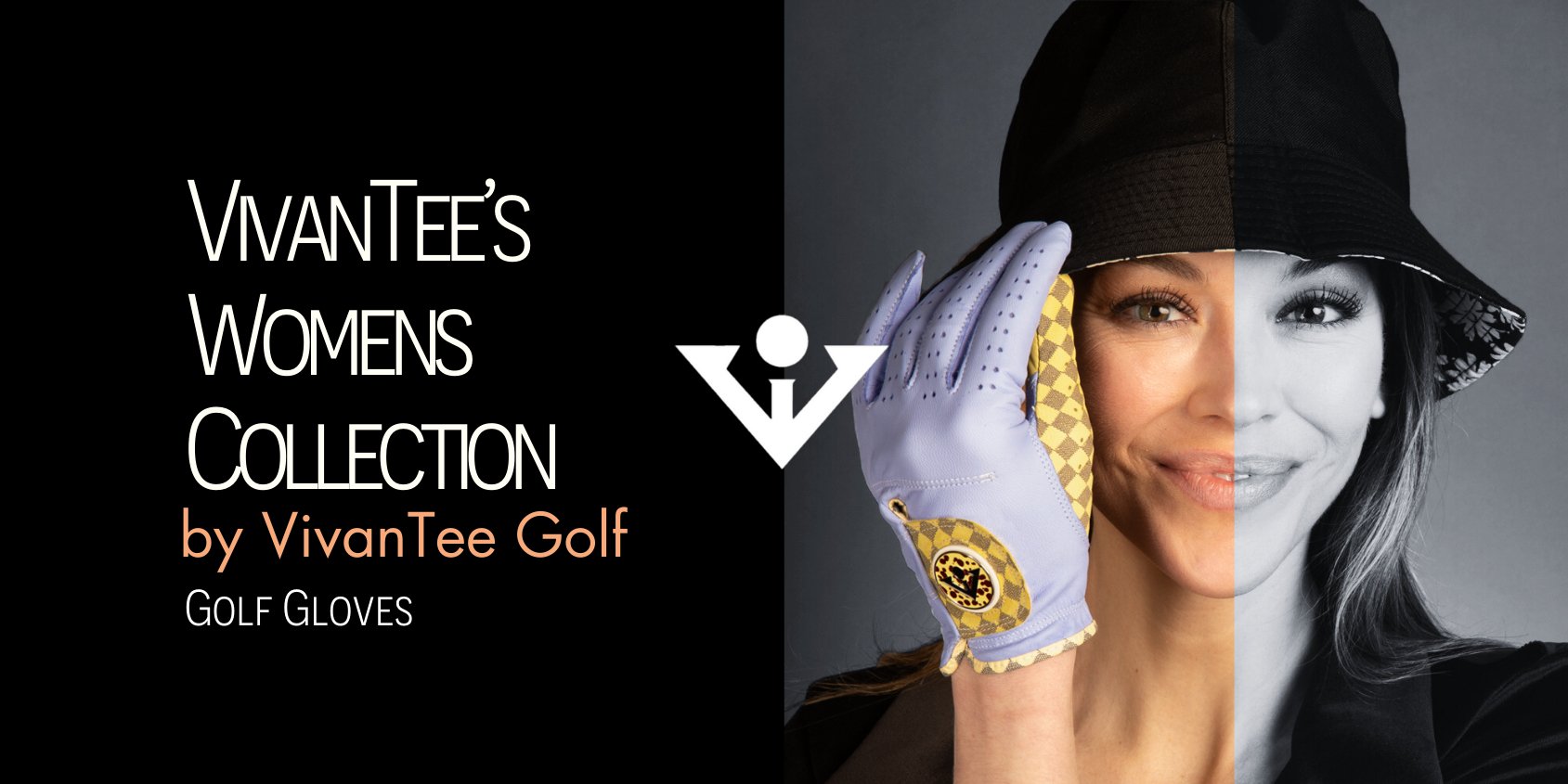 A playful woman in a stylish black hat poses with a VivanTee golf ball and a white and pink colored golf glove for women, VivanTee's Women's Collection, showcasing unique design and flair for the fashion-conscious woman golfer.