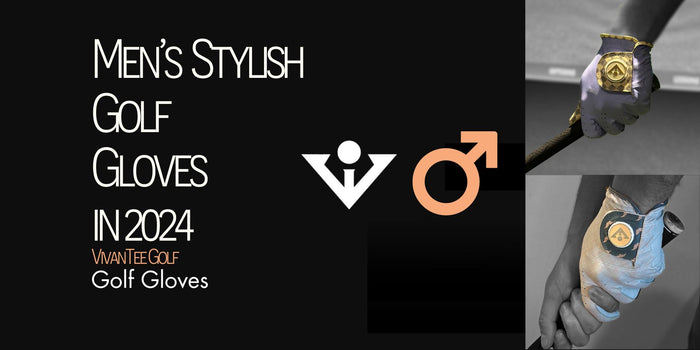 Our signature blog banner with multiple golf gloves and a symbol for men, representing our article on our collection of golf gloves for men.