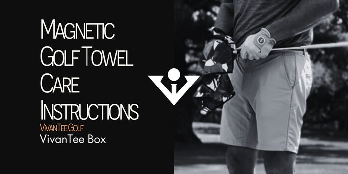 Our signature blog banner with a man cleaning his golf club with his VivanTee golf towel.
