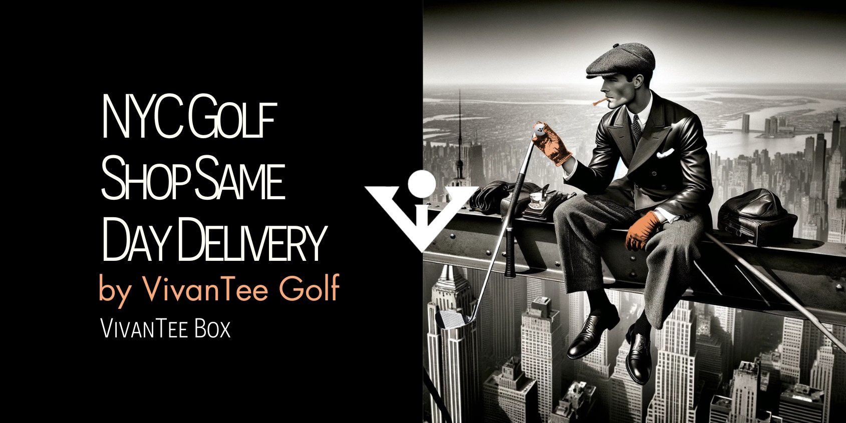 Our Signature blog post banner with a stylish golfer sitting on top of the famous empire state building scaffolding photograph.  Our signature article banner introducing our Golf store in NYC.