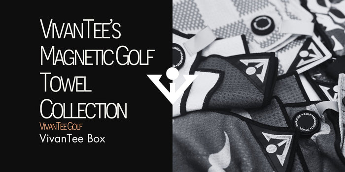 Close up image of various VivanTee cool golf towels showing stitched logos, various prints in black and white in our signature blog banner titled 