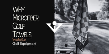 Picture of two magnetic microfiber golf towels hanging on a golf cart in our signature blog banner with the title 