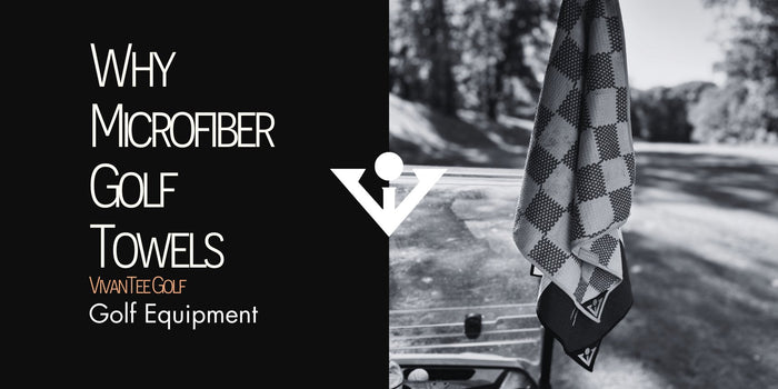 Picture of two magnetic microfiber golf towels hanging on a golf cart in our signature blog banner with the title 