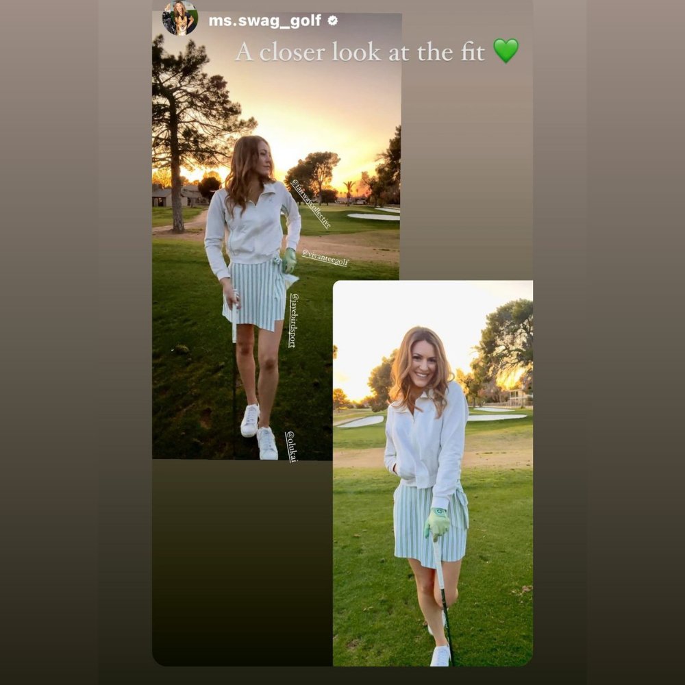 Golfer in a white long-sleeve shirt and striped skirt, posing with a unique golf glove with ball marker, on a golf course at sunset.