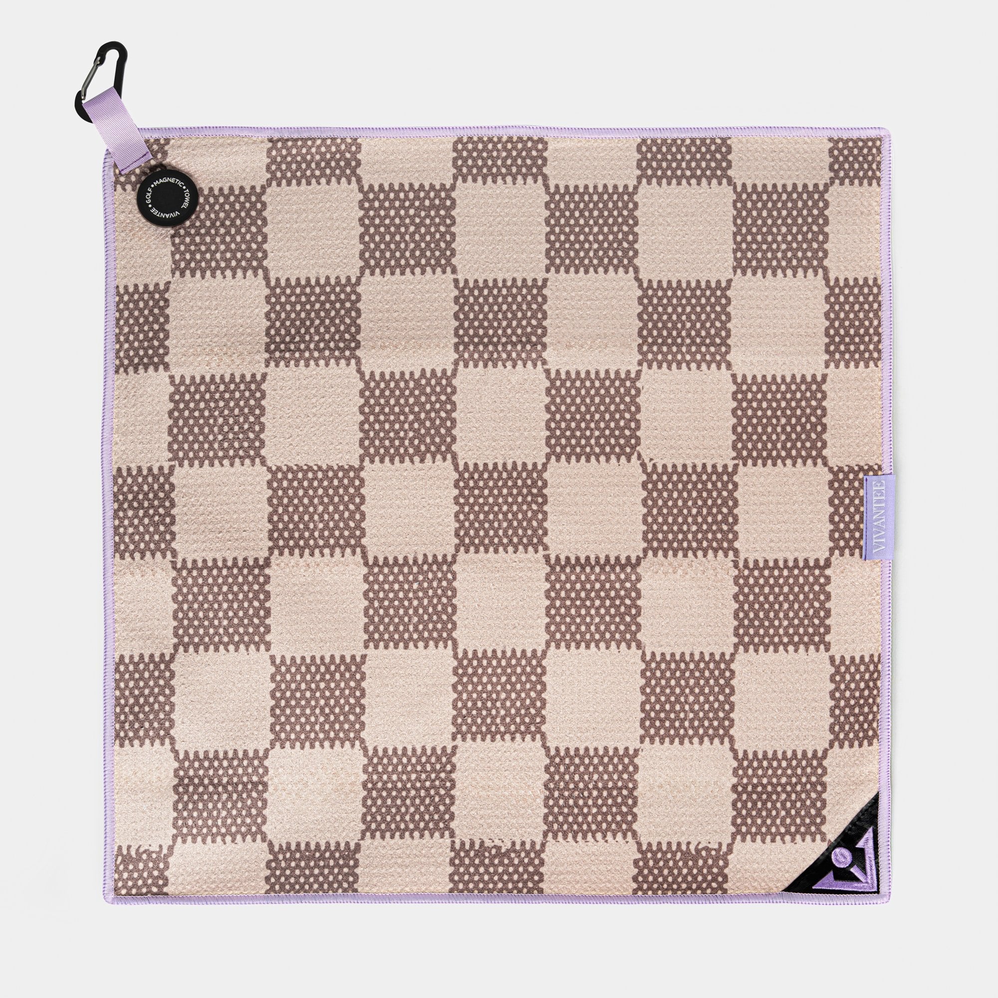 Checkered magnetic golf towel with a hook on a white background.