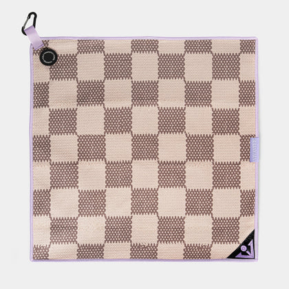 Checkered magnetic golf towel with a hook on a white background.