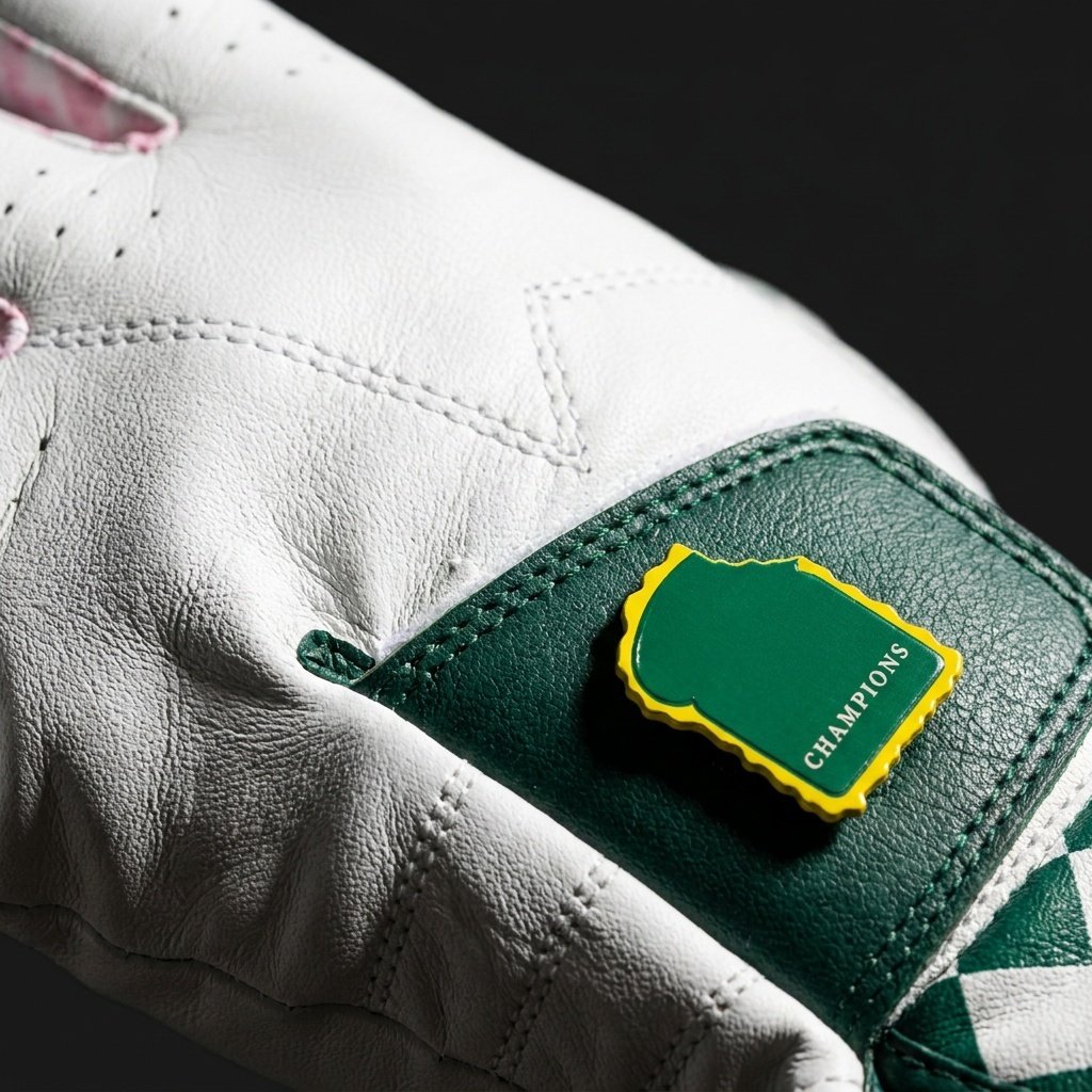 Close up of a golf glove with magnetic ball marker in green and white with a black background.