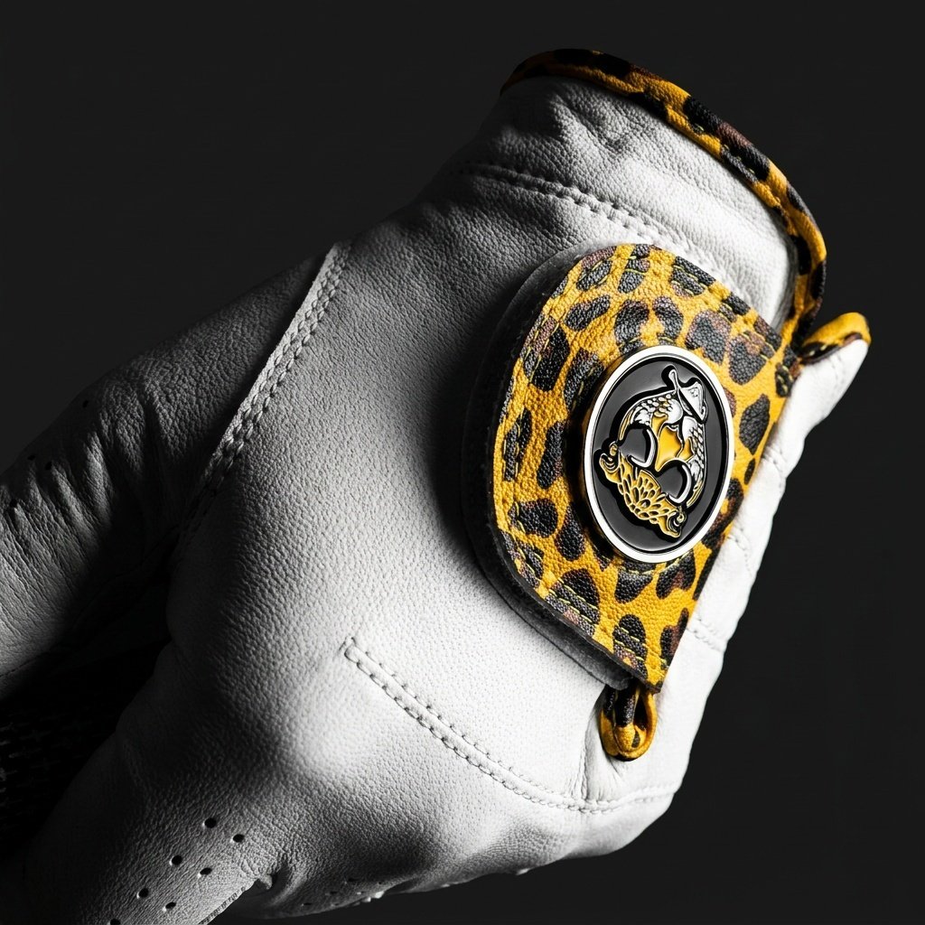 Cheetah print golf glove with magnetic ball marker close up gripping a golf club with golf pride grips.