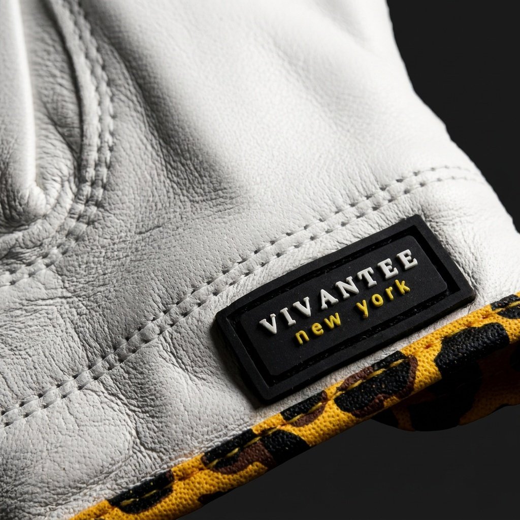 Close-up of a animal print golf glove with a 'Vivantee New York' label and leopard print trim.