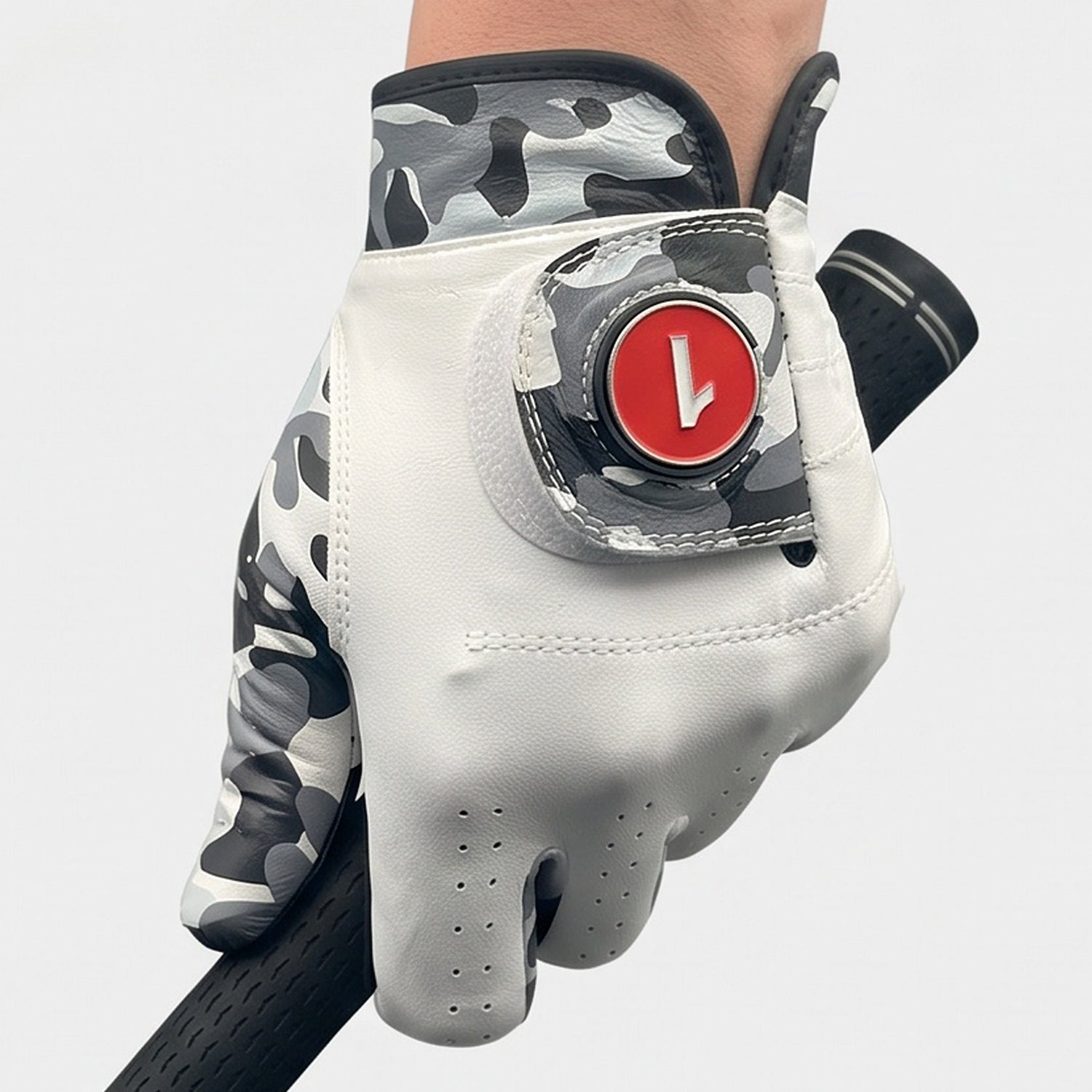 White golf glove with camouflage pattern on a white background