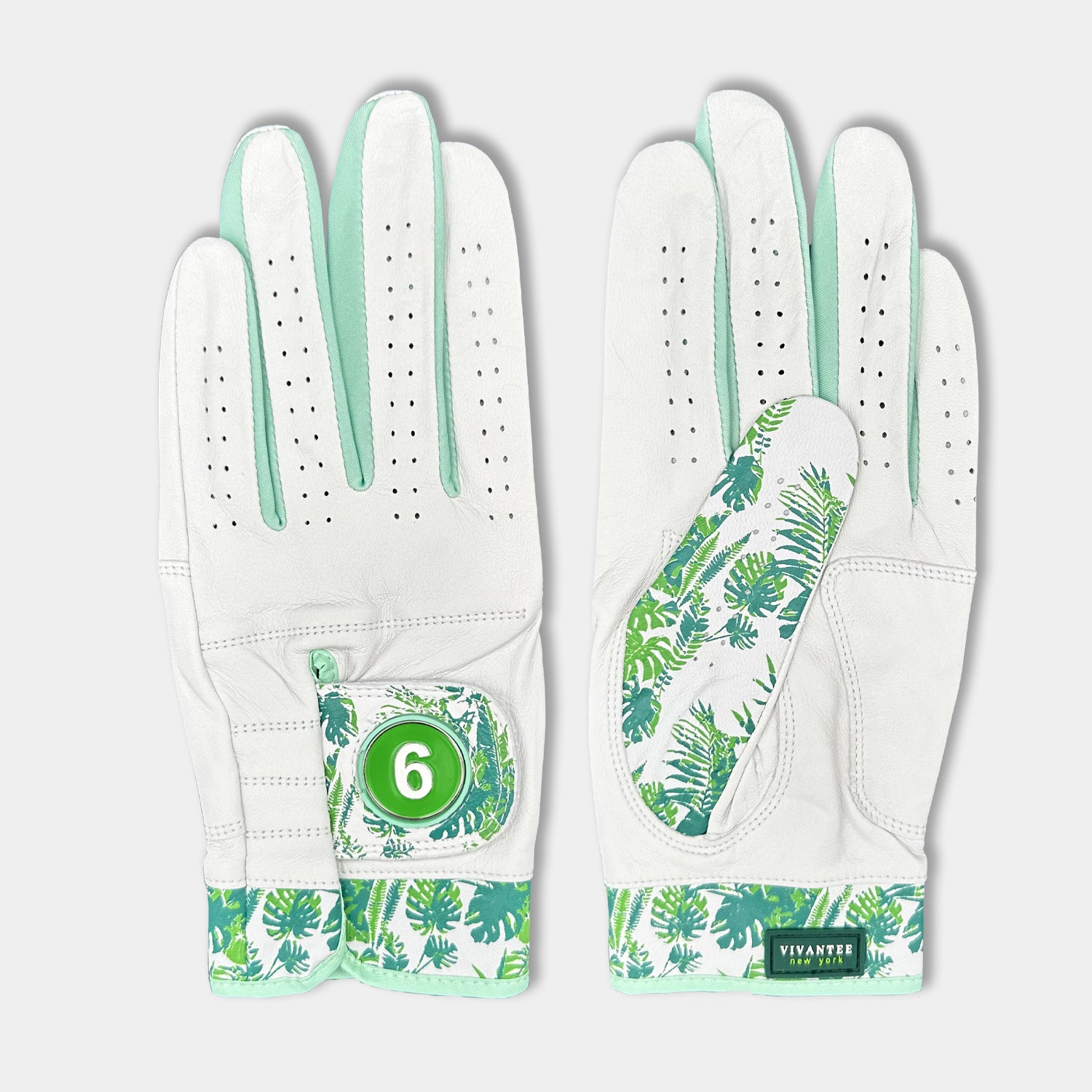 Men's palm printed golf glove in green and white by VivanTee Golf.