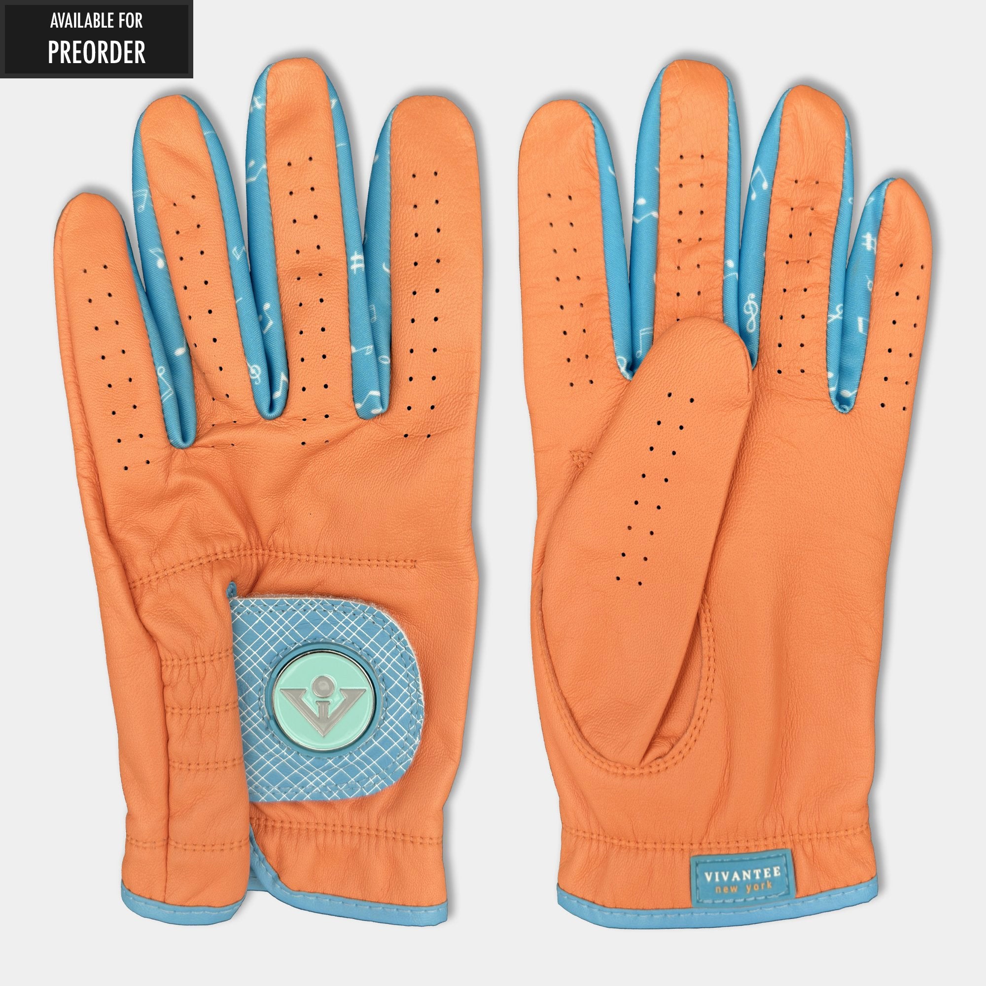 Orange and blue golf glove for men laying down showing top and bottom of the vibrant colors, "Available for Preorder" in top left corner of image.