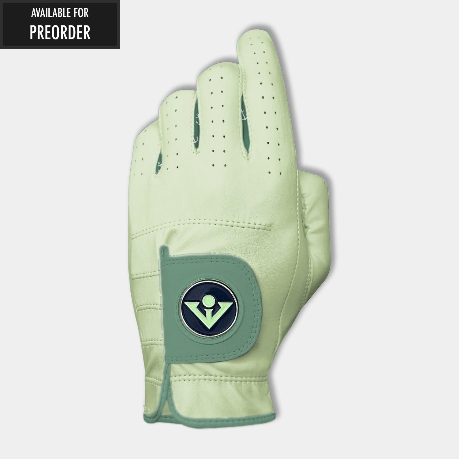 Light green golf glove with a VivanTee ball marker on a white background with "Available for Preorder" tag top left.