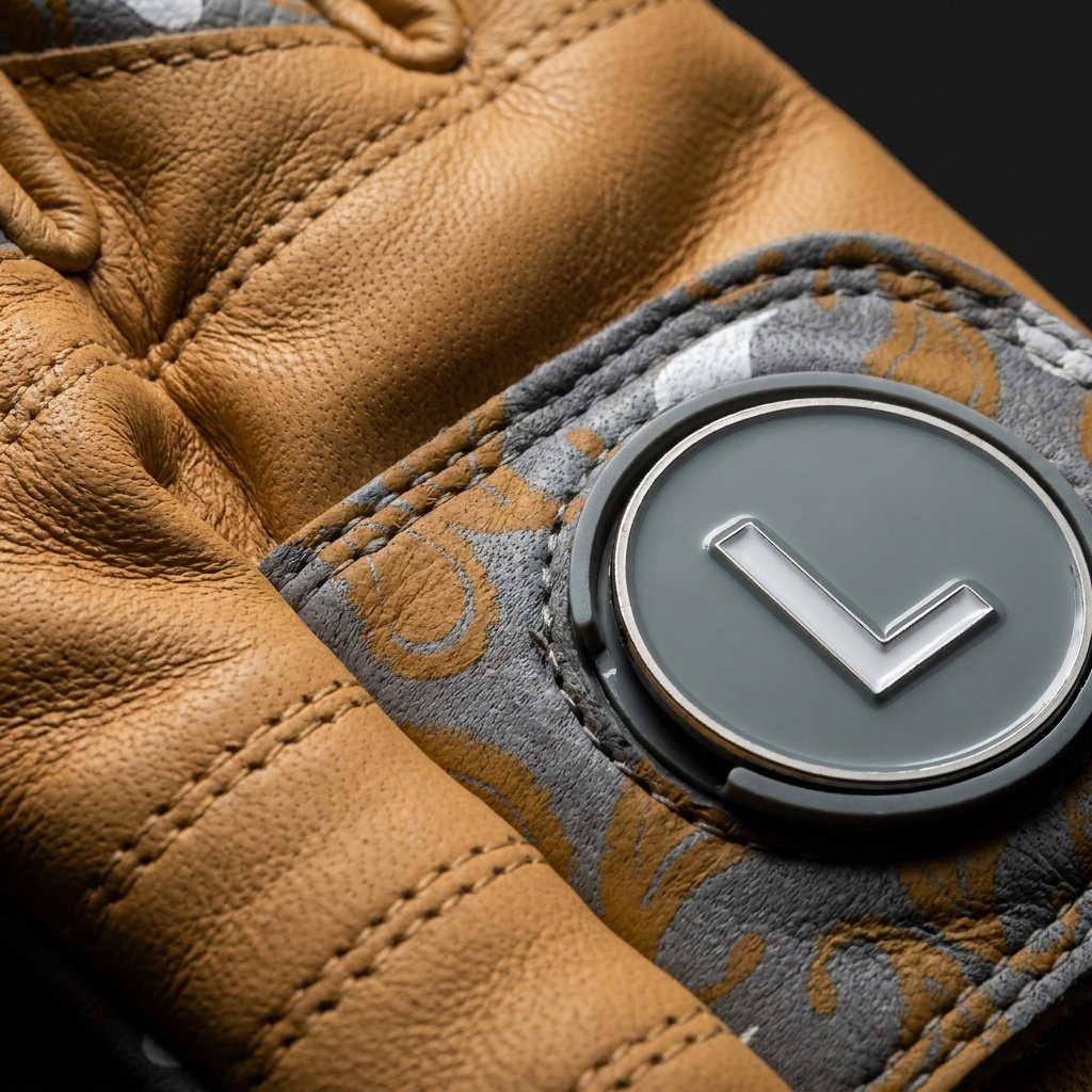 Close up of a golf glove with paisleys and a ball marker in gold, orange, and grey with a dark background.