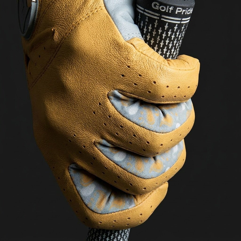 Golf glove holding a golf club head with 'Golf Pride' branding on a black background