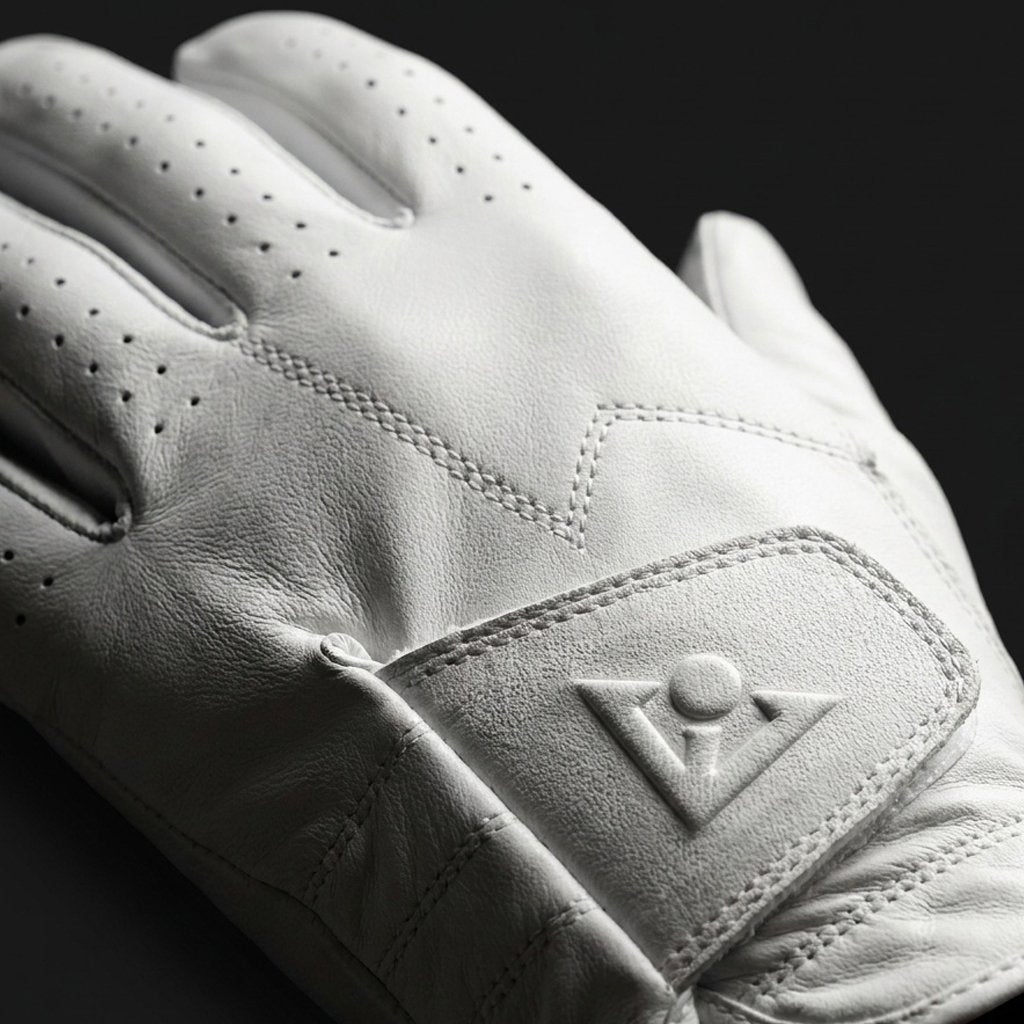 Close up of VivanTee Golf pure white golf glove's premium cabretta leather.