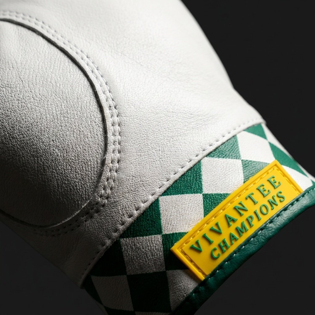 White leather golf glove with green checkered pattern and 'Vivantee Champions' label on a dark background
