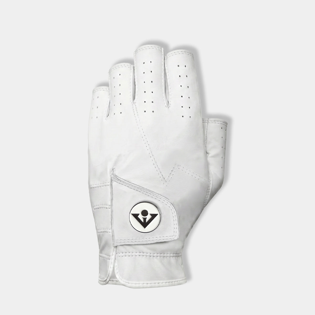 A single white leather golf glove shown from the back, featuring perforated finger sections and a circular black and white logo patch on the back of the hand, set against a light gray background.