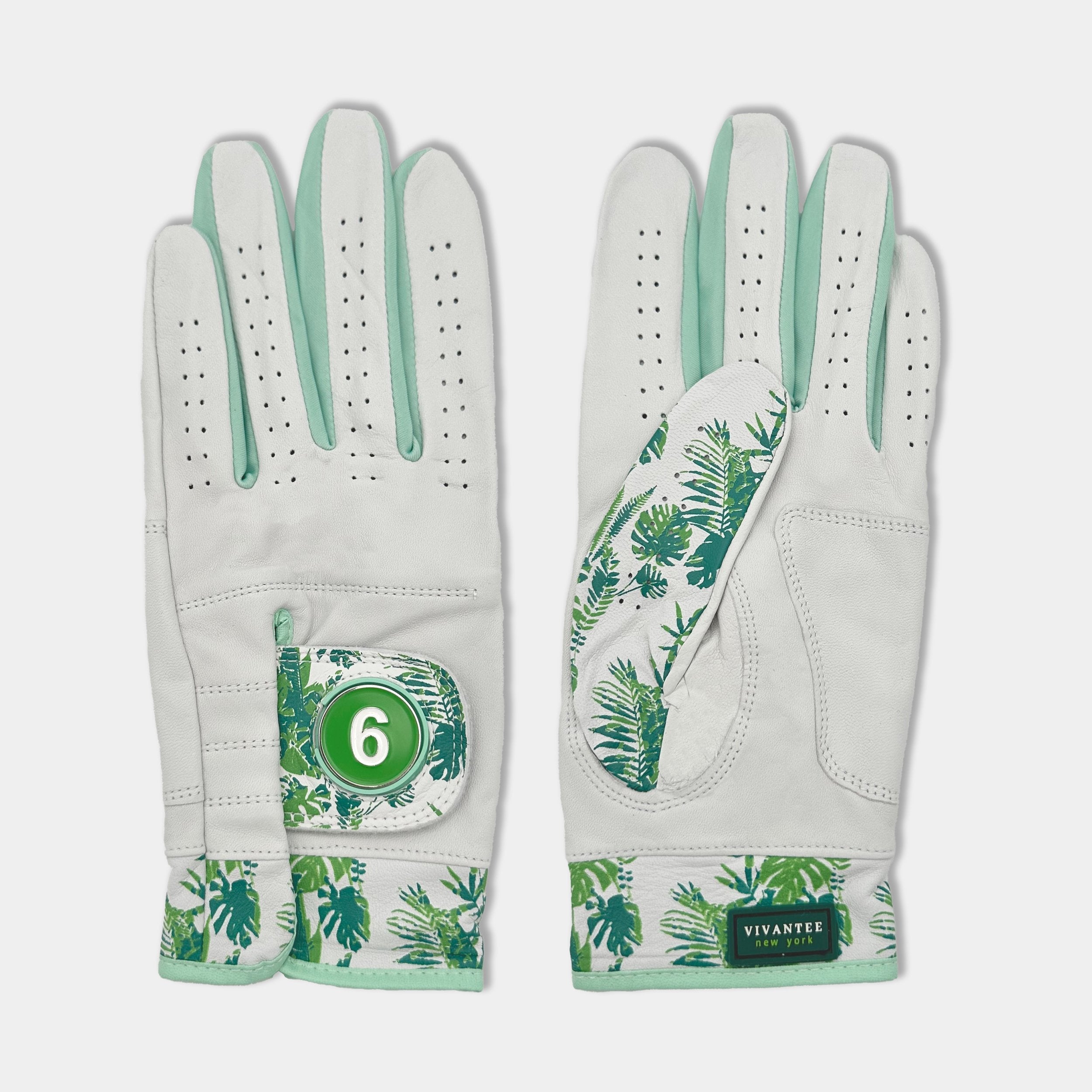 Men's palm printed golf glove in green and white by VivanTee Golf.
