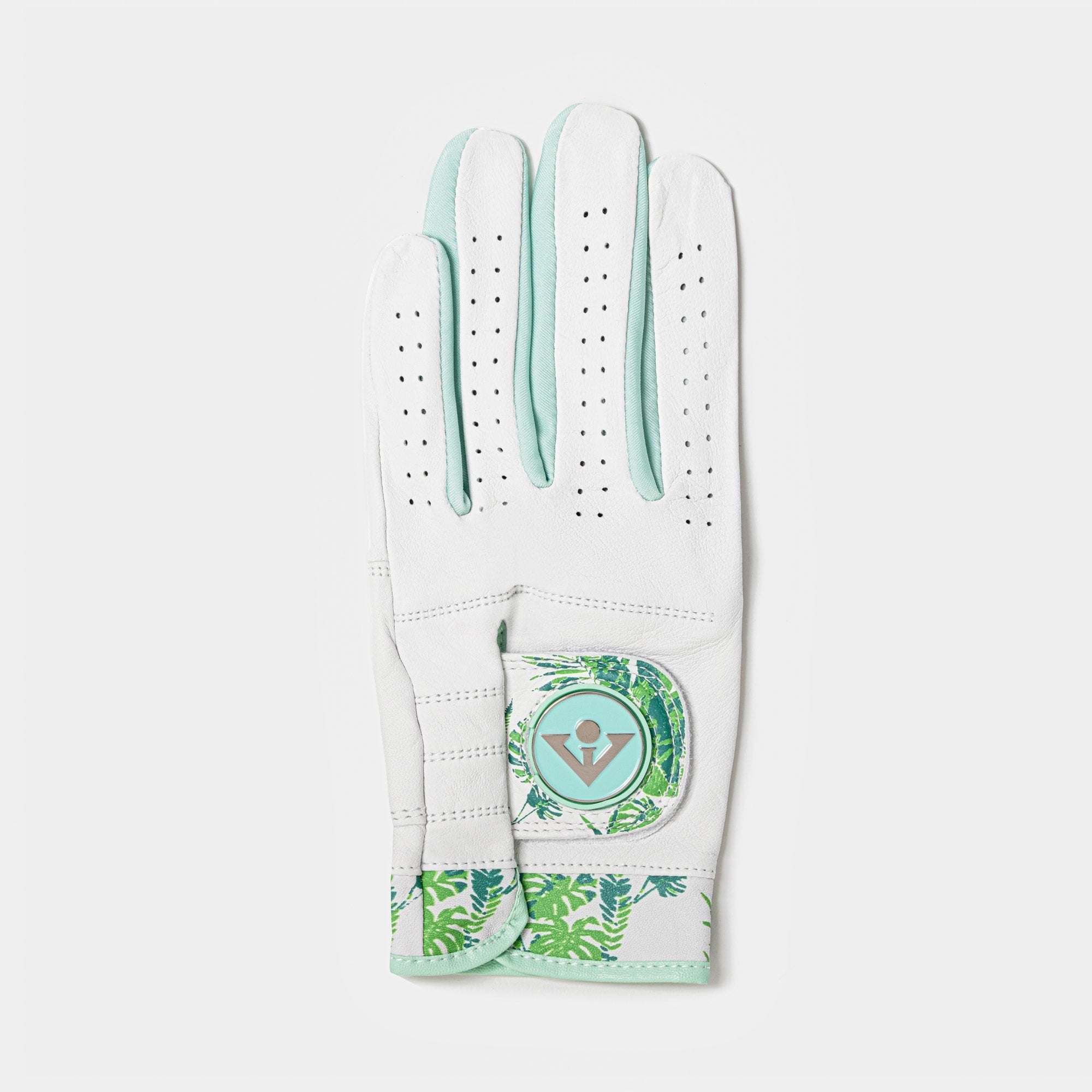 Womens Palm tree golf glove with green magnetic ball marker with a grey background.