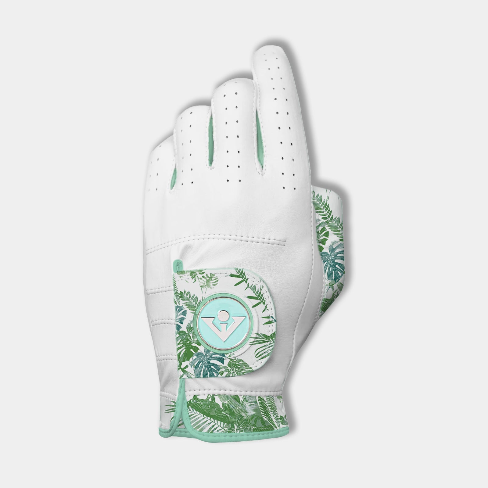 Women's Golf glove with palm pattern and blue magnetic ball marker.