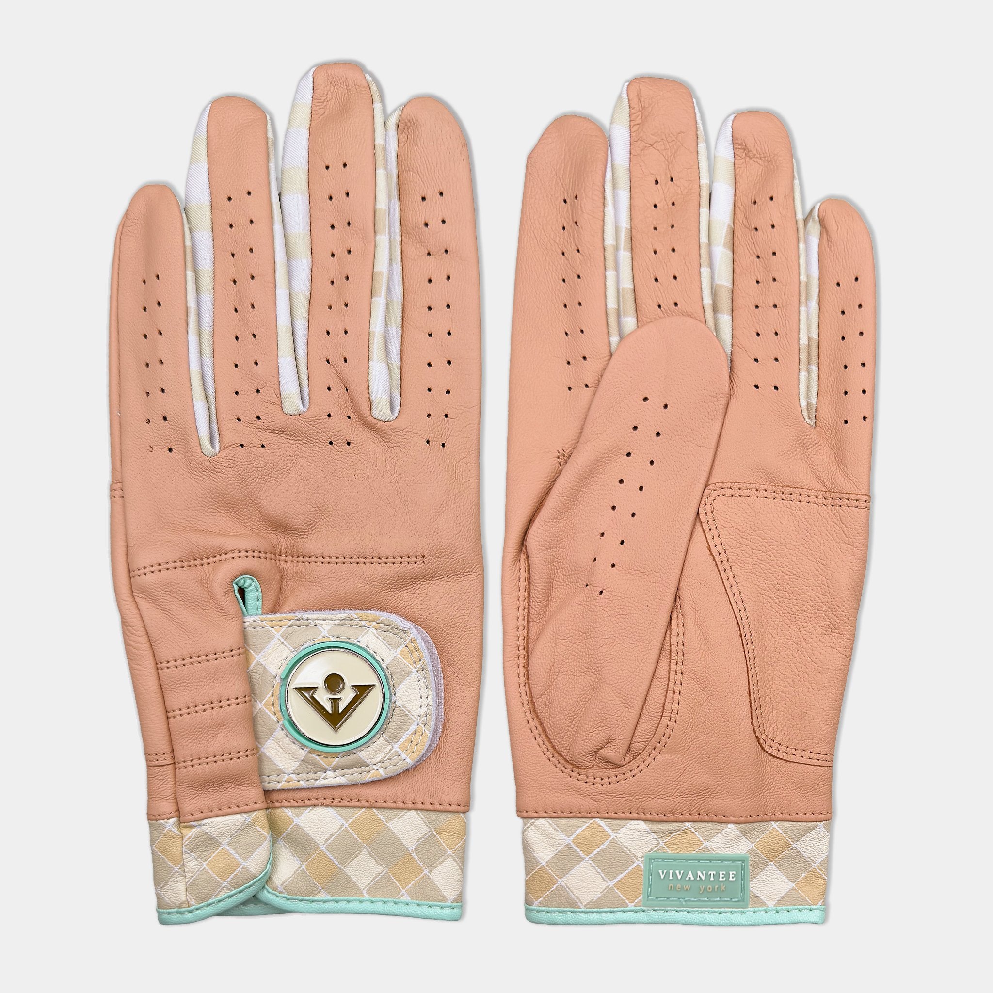 VivanTee Brooklyn Brick golf glove in a brown and checkered print with magnetic ball marker in a light gray background.