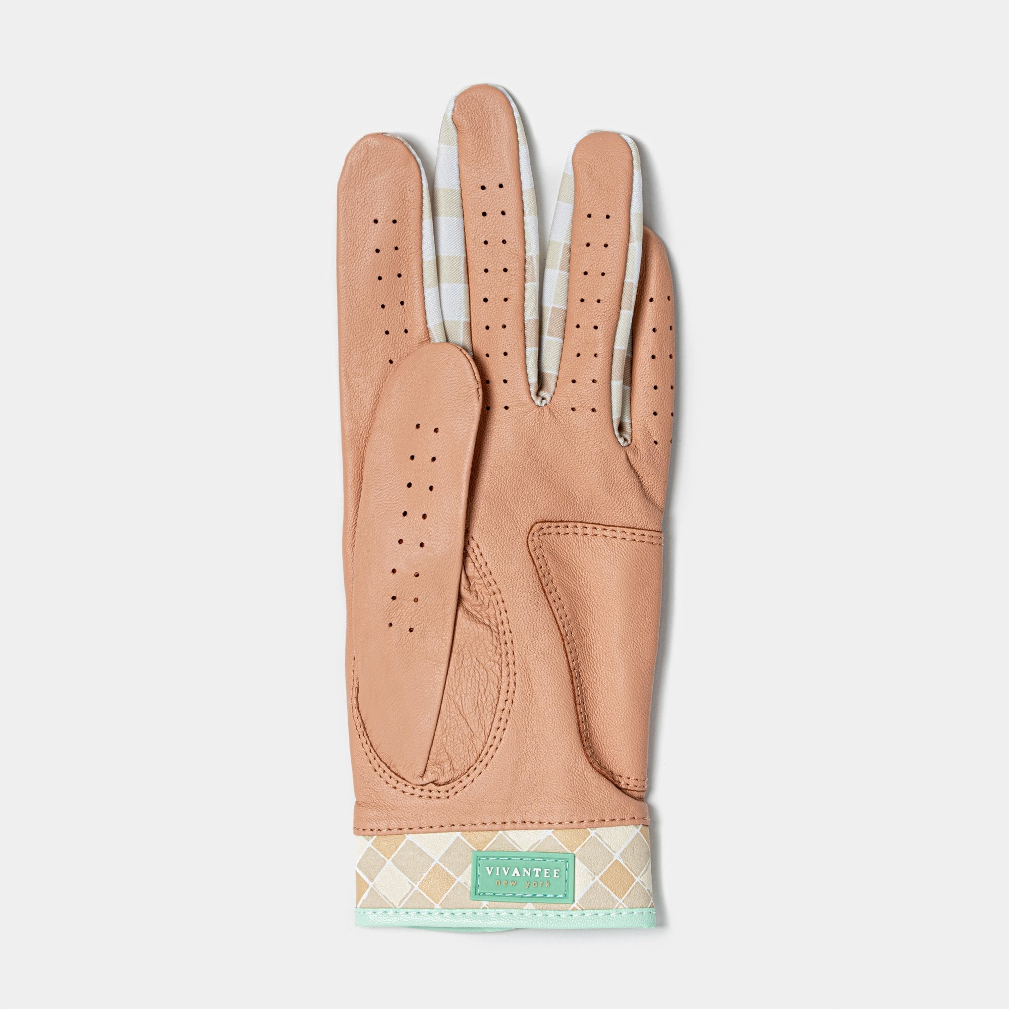 Womens brown golf glove with check pattern and green accents on white background.
