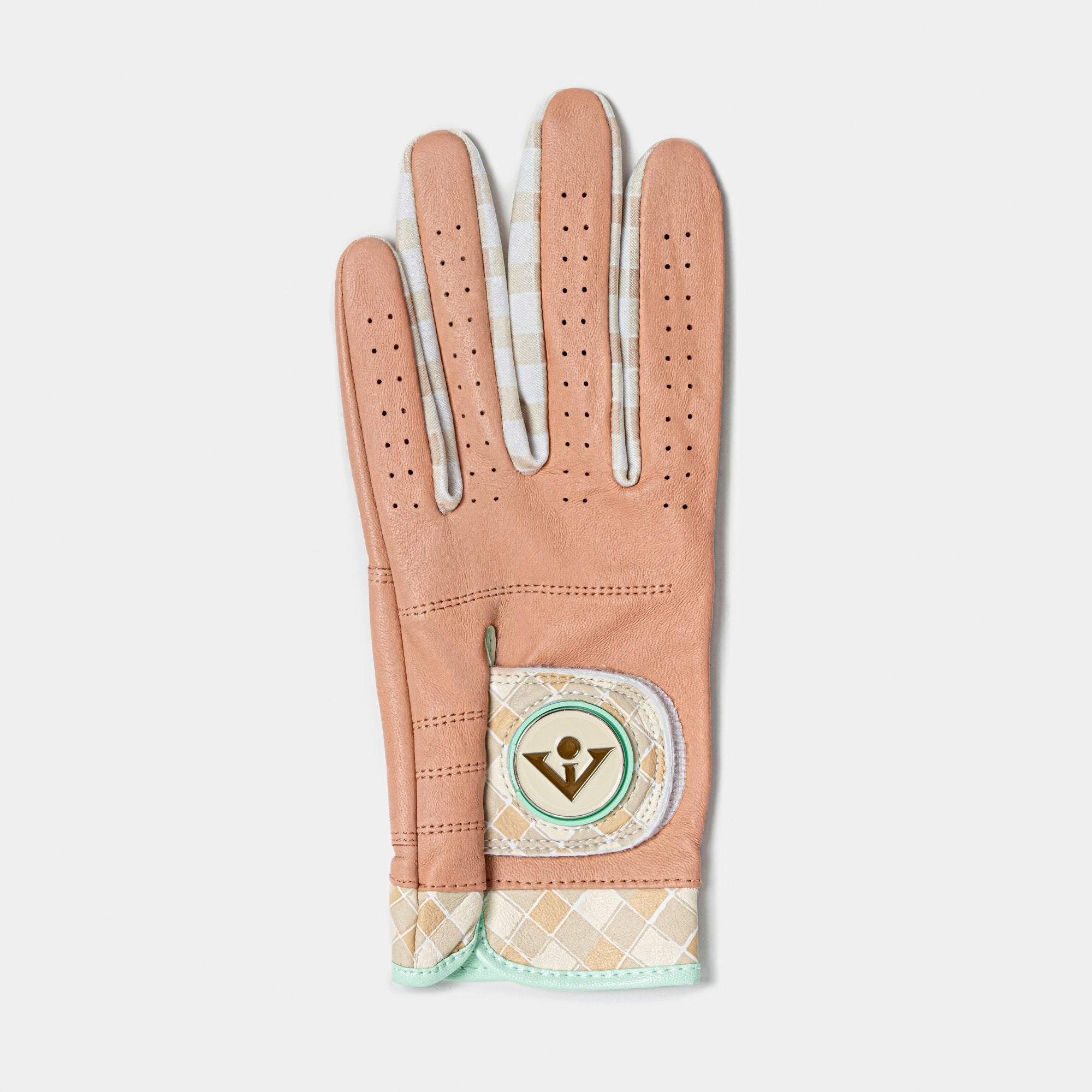 Tan women's golf glove with checkered print on a white background.