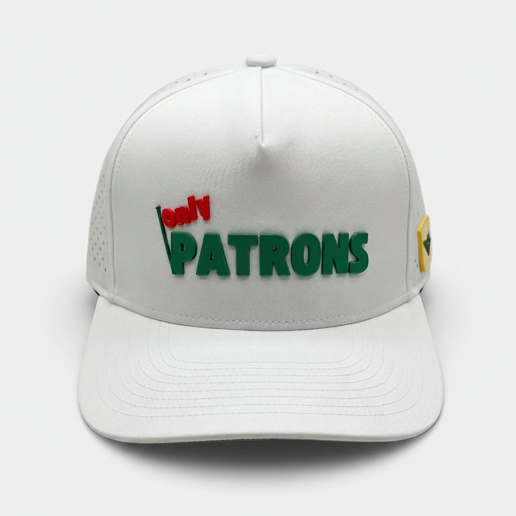 White curved brim golf cap with 'only PATRONS' text on a gray background
