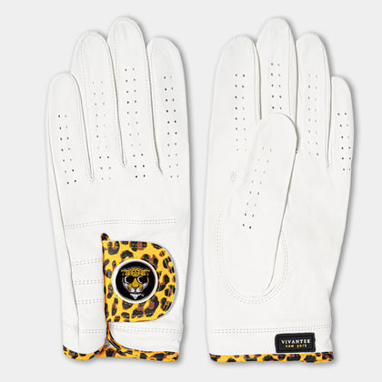 White golf glove with leopard print accents on a white background