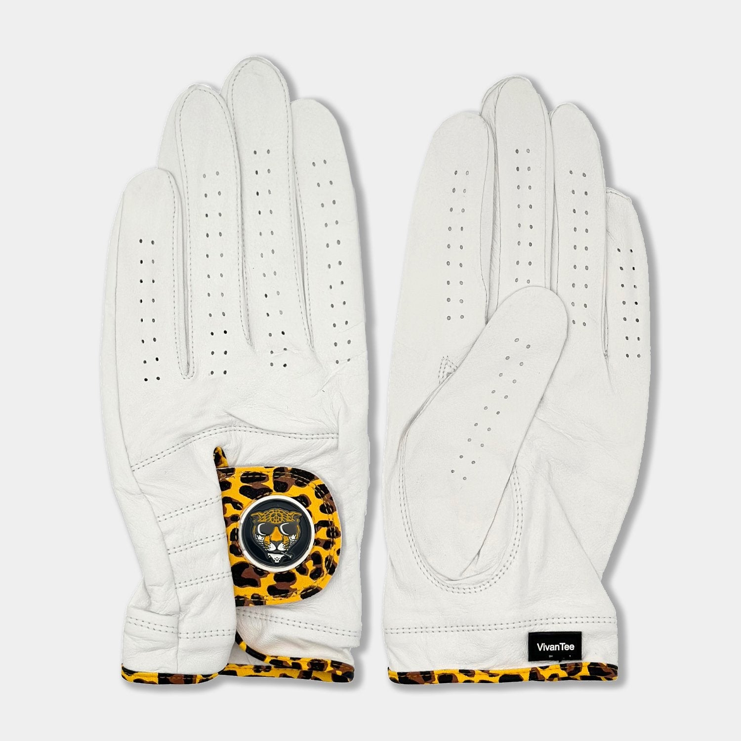 men's Cheetah print golf glove by VivanTee laid out showing front and back of the design with our "cool cat" magnetic ball marker.