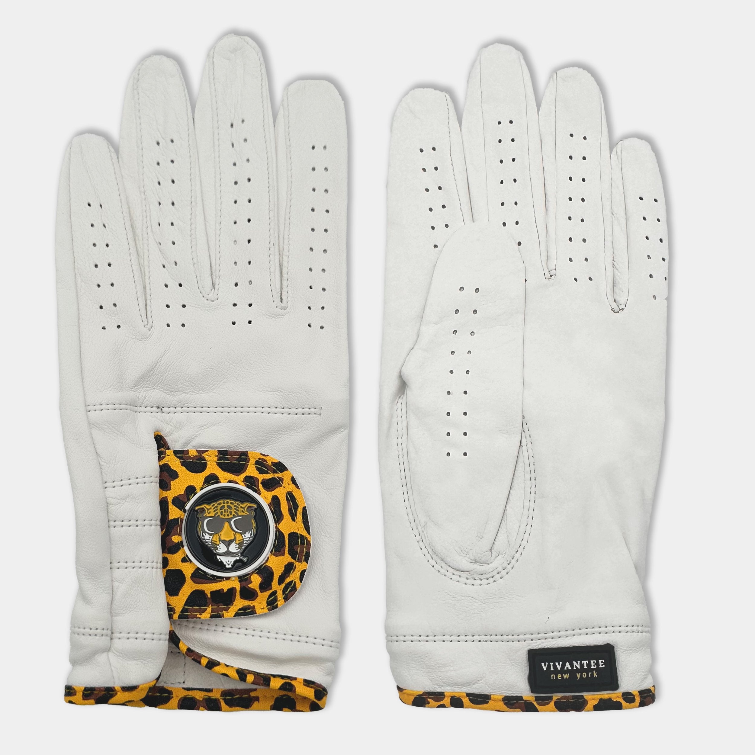 men's Cheetah print golf glove by VivanTee laid out showing front and back of the design with our "cool cat" magnetic ball marker.