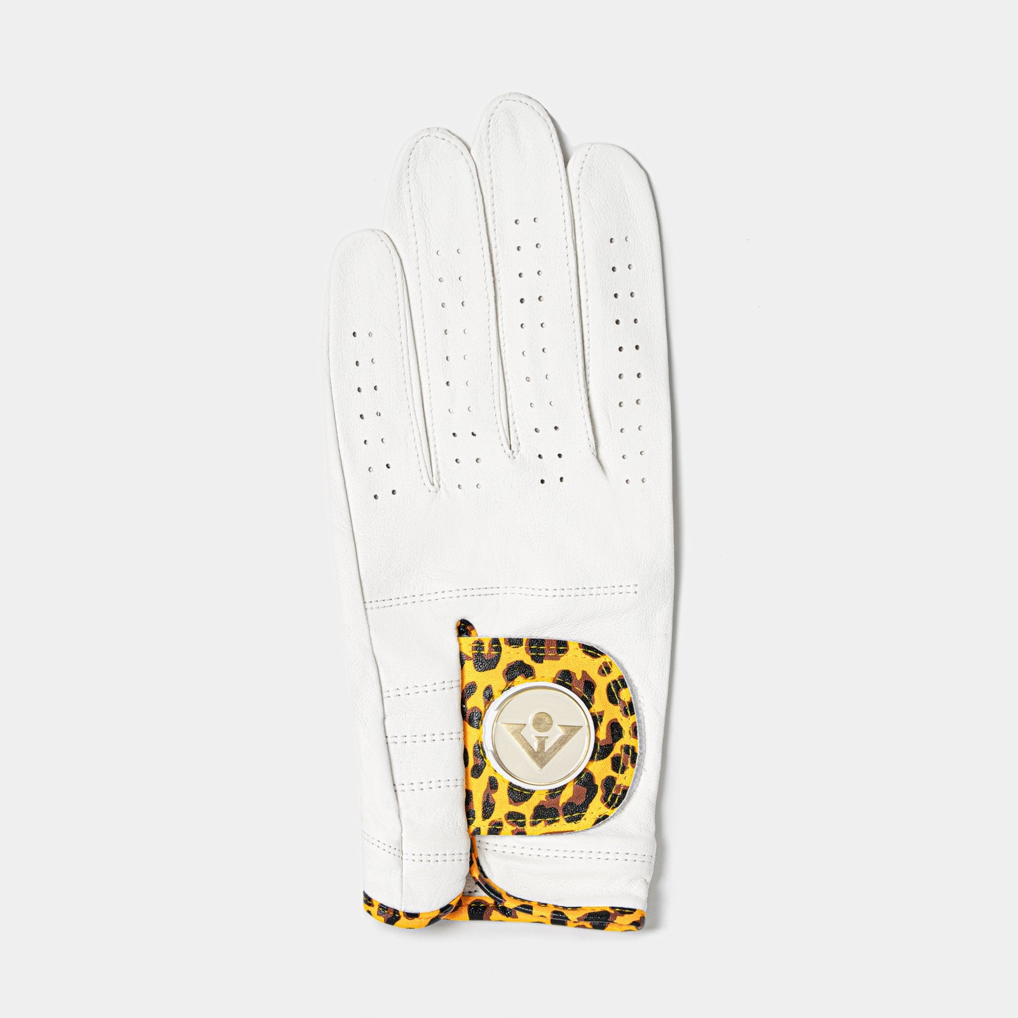 White golf glove with leopard print accents on a white background